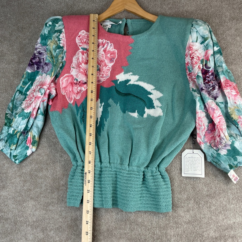 Anne Crimmins Umi Collections Sweater Floral Puff‎ Sleeve Knit Aqua Pink Sz L - Picture 6 of 15